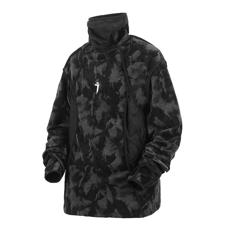 Men's black tie-dye printed pullover sweater with turtleneck collar and drop-shoulder sleeves