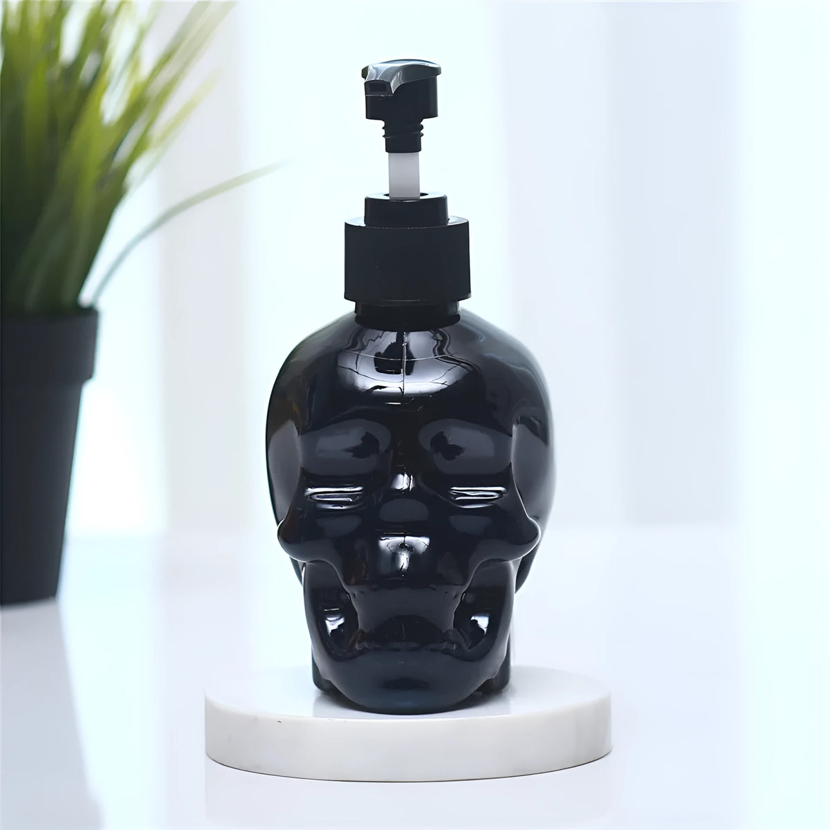 350ml skull-shaped empty hand sanitiser bottle in white, transparent or black plastic, 9.8cm x 7cm x 15.5cm
