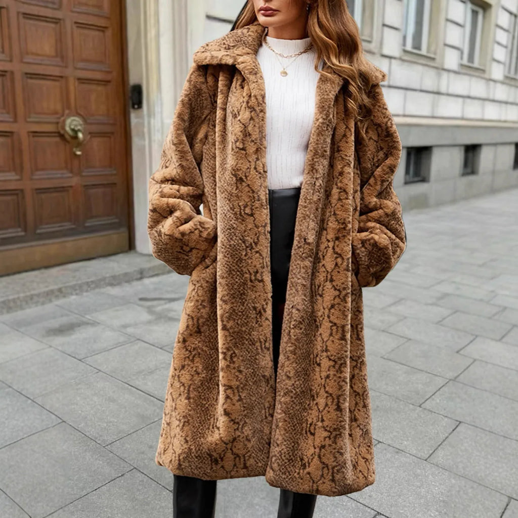 Women's leopard print artificial fur coat with regular sleeves measuring 80cm in length