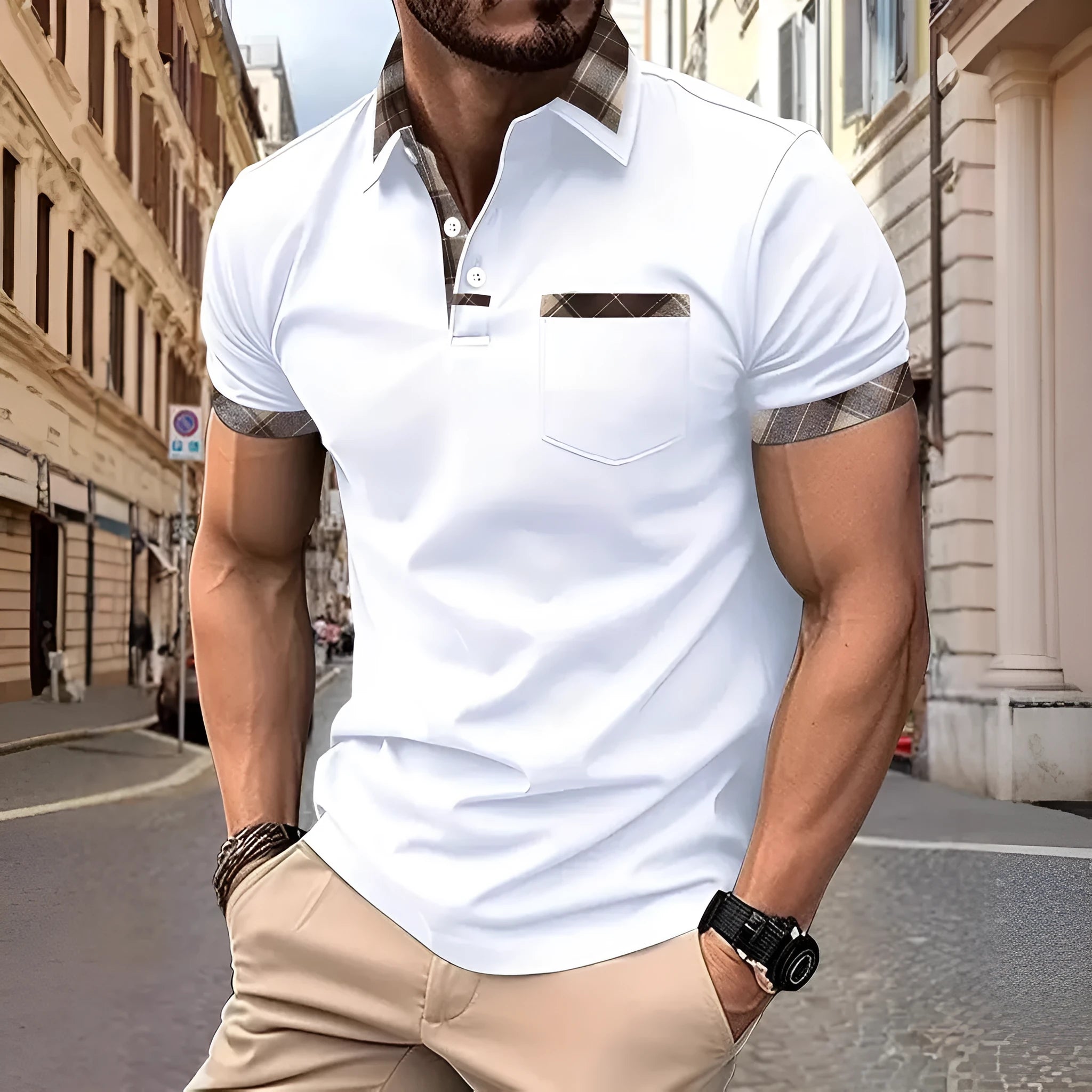 Men's plaid colourblock t-shirt in polyester fabric with short sleeves and loose fit