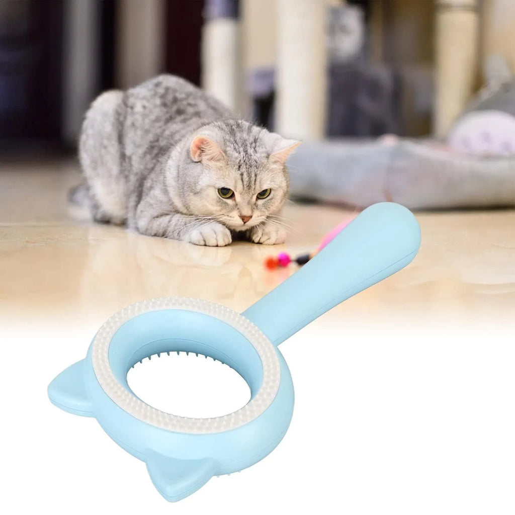 Double-sided blue pet grooming brush with comfortable handle for cats and dogs