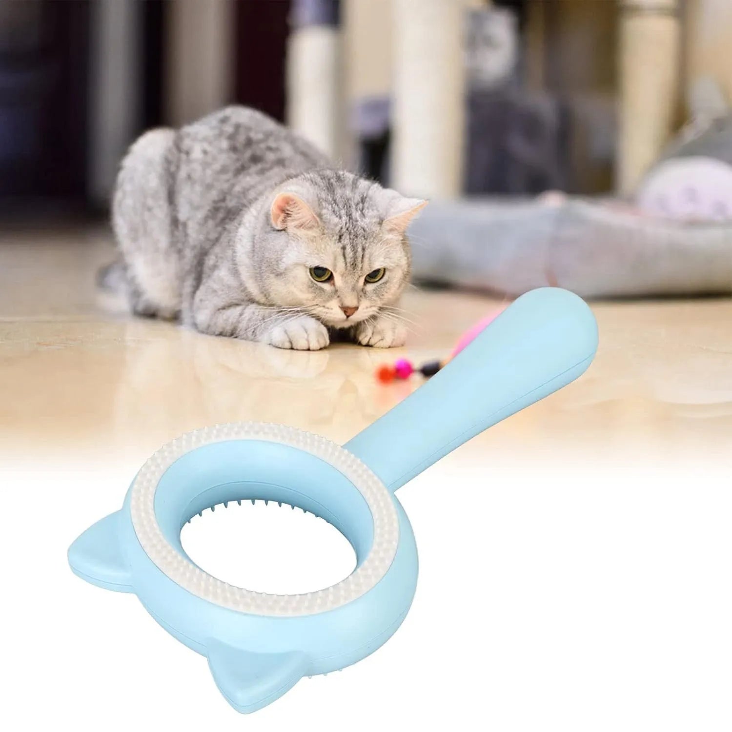 Double-sided blue pet grooming brush with comfortable handle for cats and dogs