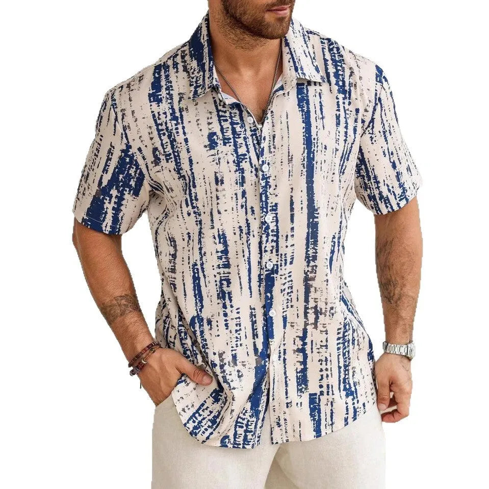 Men's striped short sleeve shirt with 3D digital printing in apricot, blue, white or yellow colours