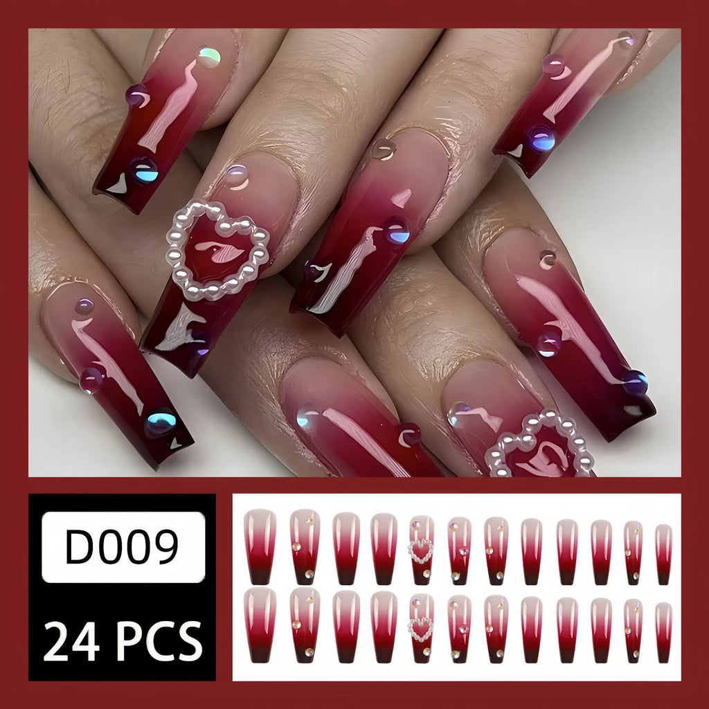 Wine red gradient fake nail tips with pearl heart and plaid pattern in ballet style