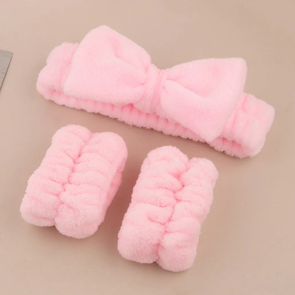 Facial brush set with coral fleece hair band and nylon bristle cleansing brush in multiple colour options