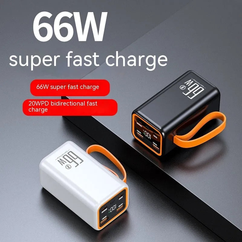 Black and white 20000 mAh fast charge power bank with creative design measuring 95mm