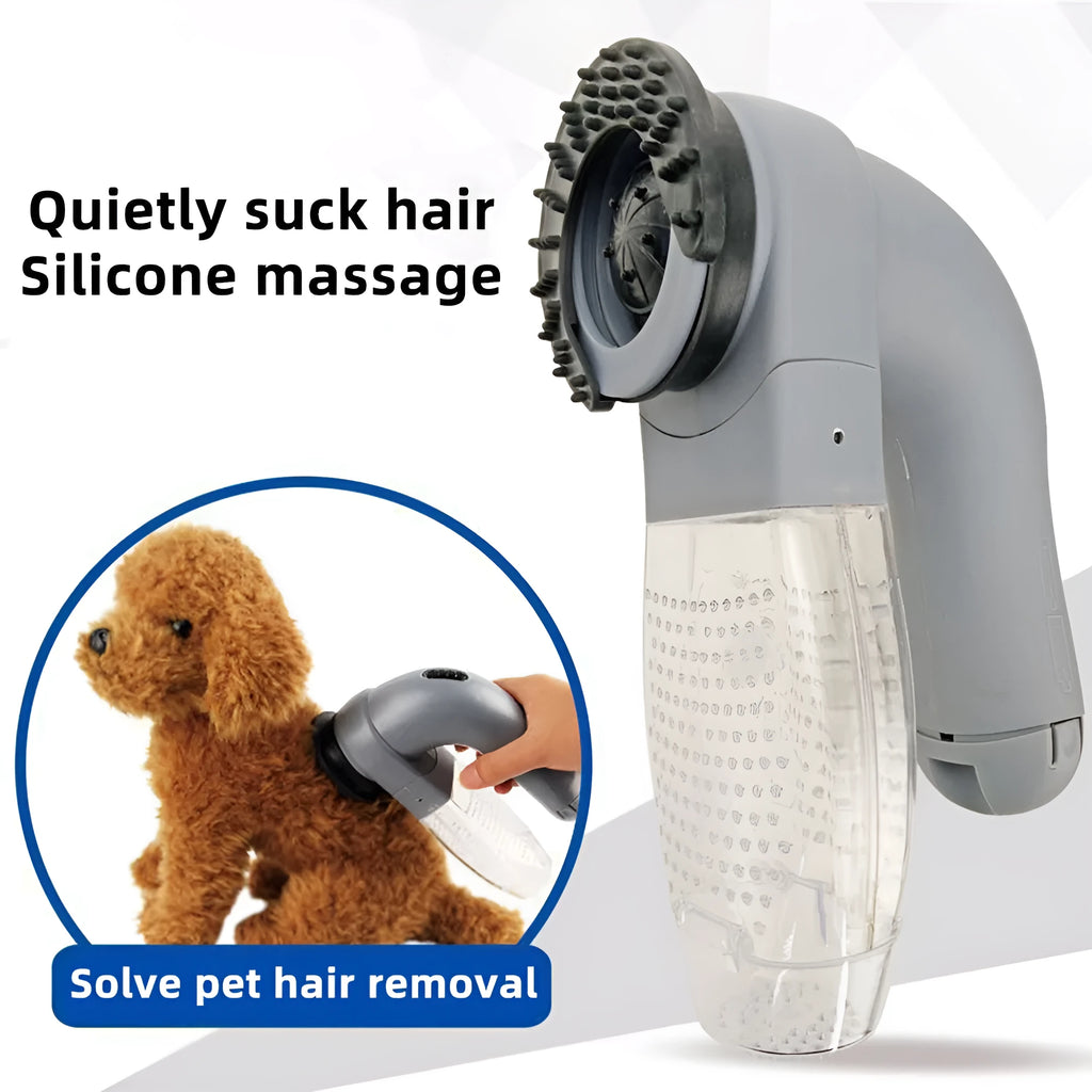 Grey portable pet hair vacuum cleaner with massage brush for dog and cat grooming