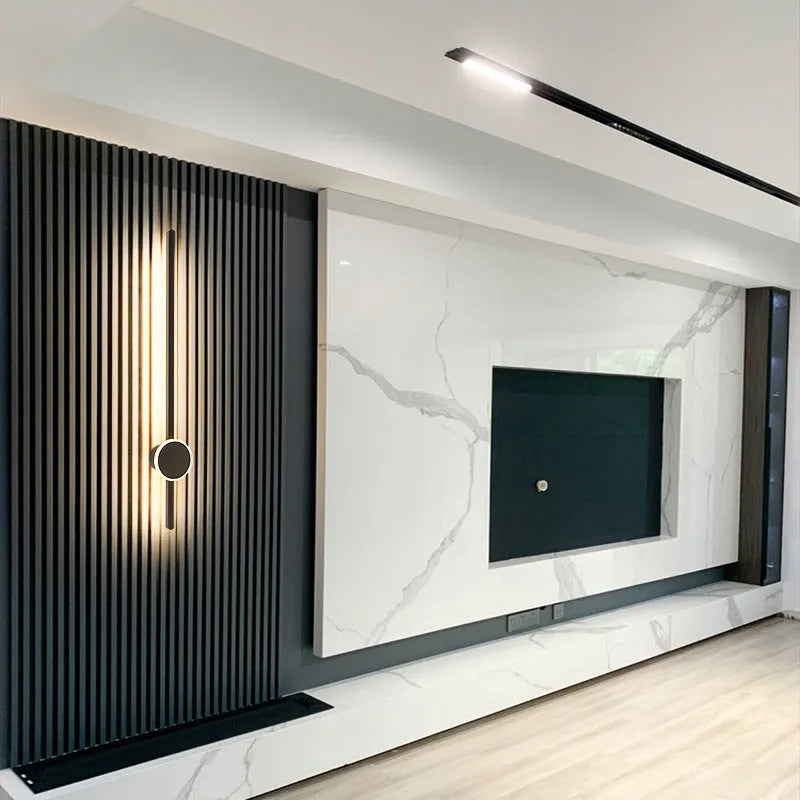 Black and white grid-free pole gate bedside strip wall lamp with acrylic shade and three-colour LED light