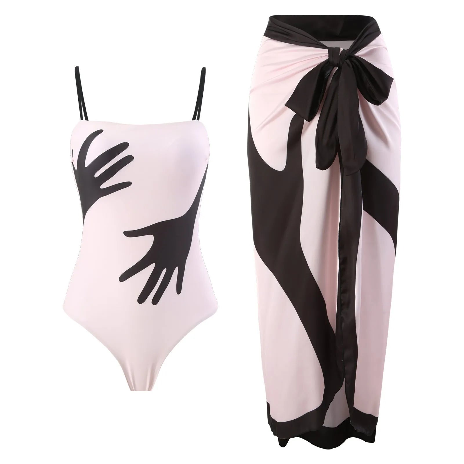 Women's patterned bikini swimsuit with a flowing white tulle skirt attached.