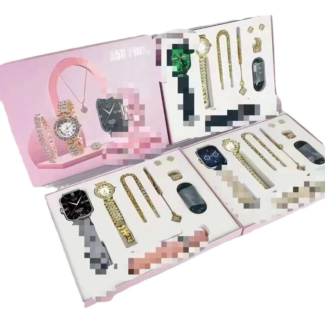 A58PLUS smart watch showing touch screen, on adjustable strap, with charger.