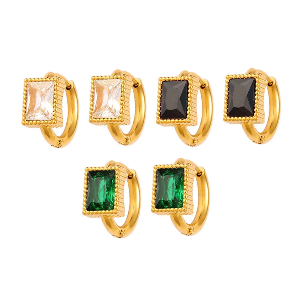 Geometric stainless steel earrings with square zircon stones and ring elements in electroplated colours