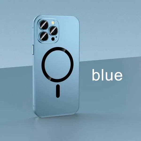 Aluminium alloy frame magnetic closure iPhone case in dark purple, shown on an iPhone.