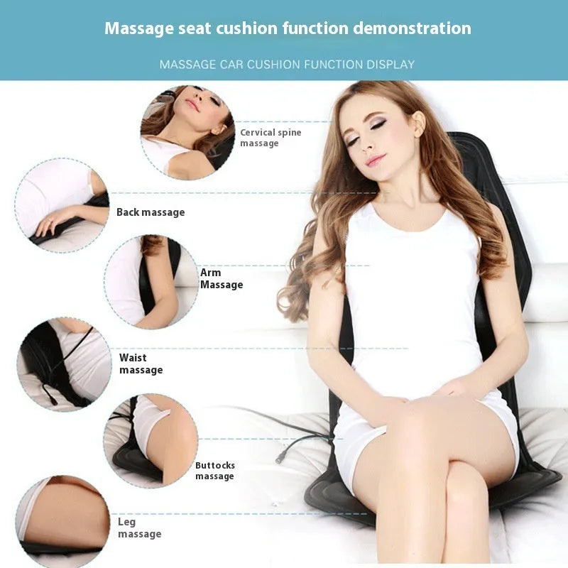 Black heating massage mat with infrared physiotherapy function and a connected seat cushion.