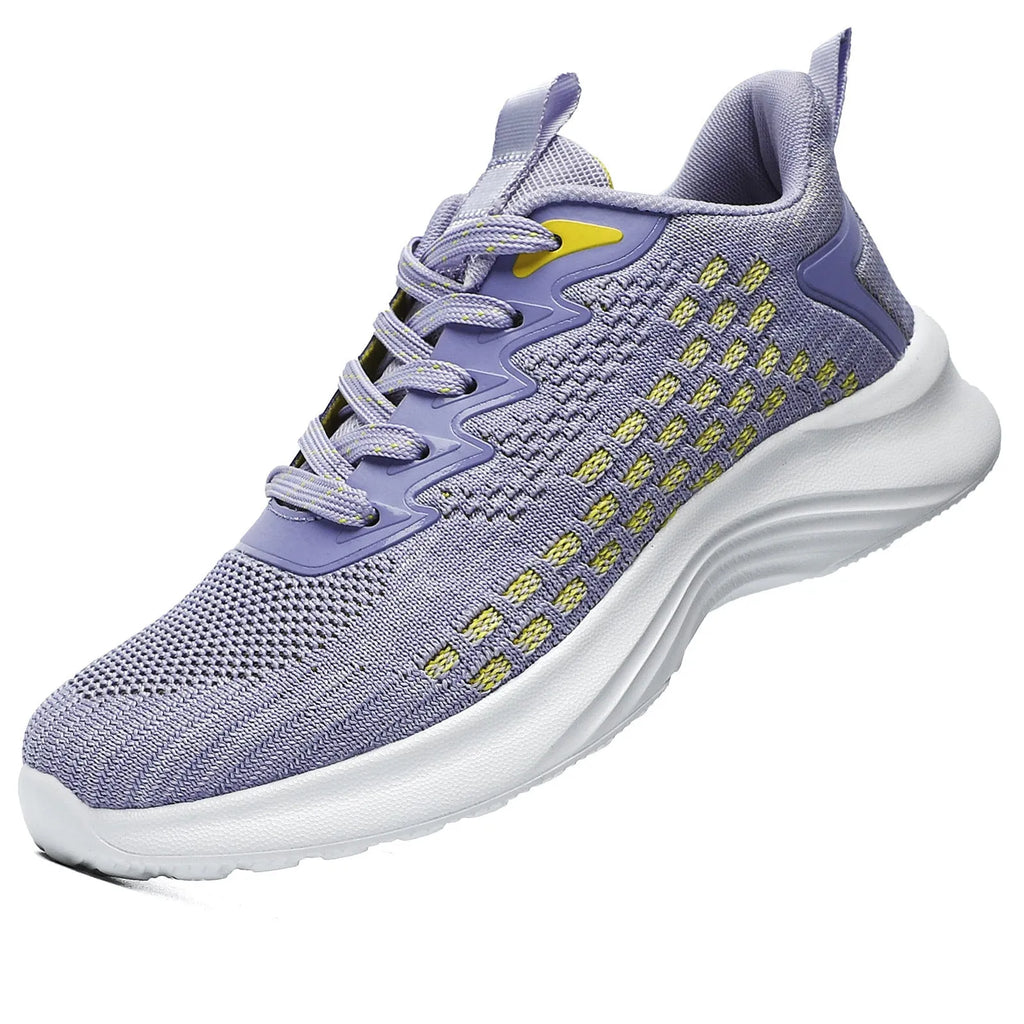 Women's lavender purple Flyknit running shoes with mesh lining and striped pattern for athletic use