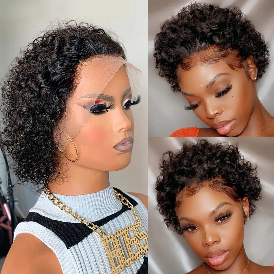 Natural black human hair pixie wig with lace cover in 13x1 colour
