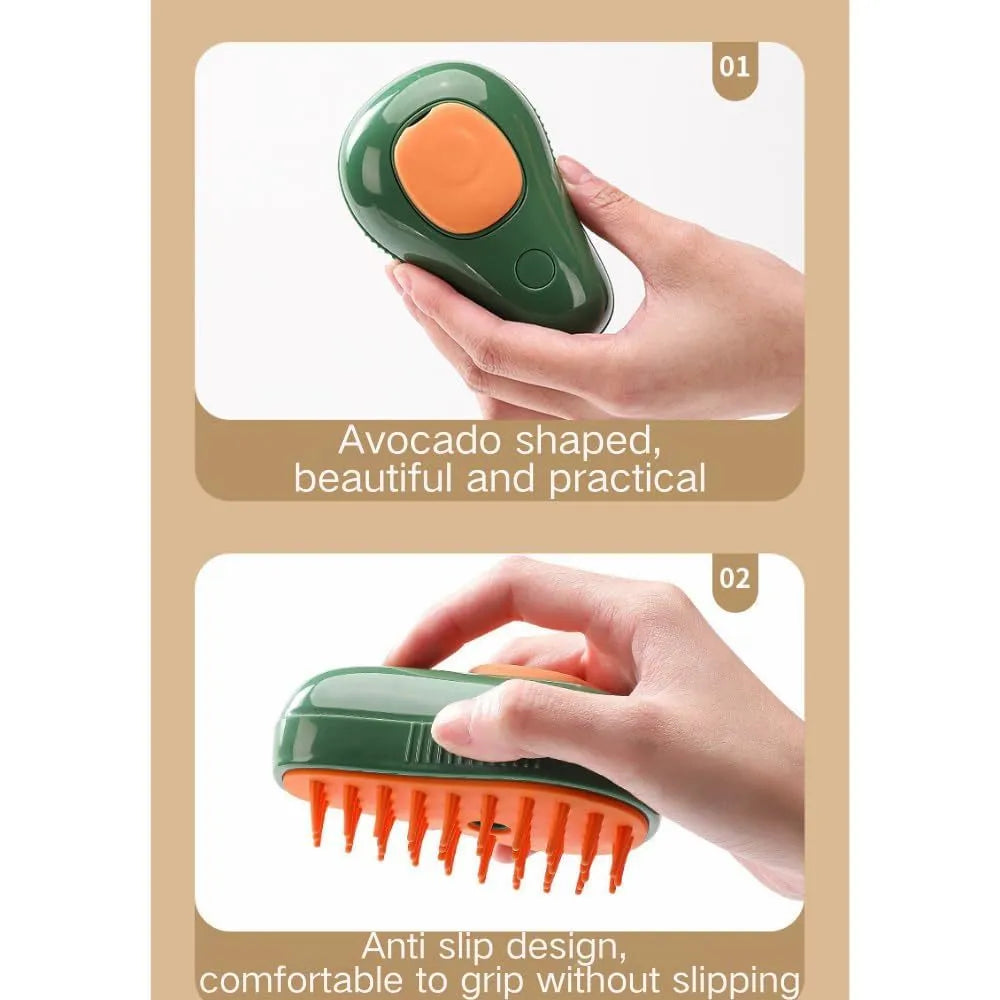 Green and white rechargeable cat steam brush with water spray nozzle and soft silicone teeth.