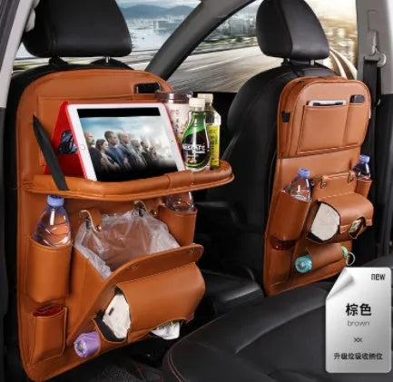 PU leather car seat back storage organiser with multiple pockets and built-in trash can in various colours