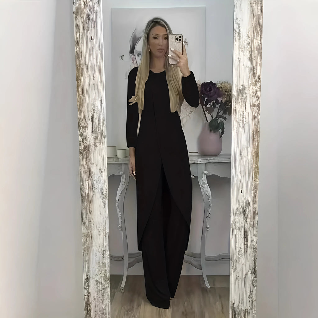 Casual long sleeve two-piece set with loose round neck top and matching trousers in polyester