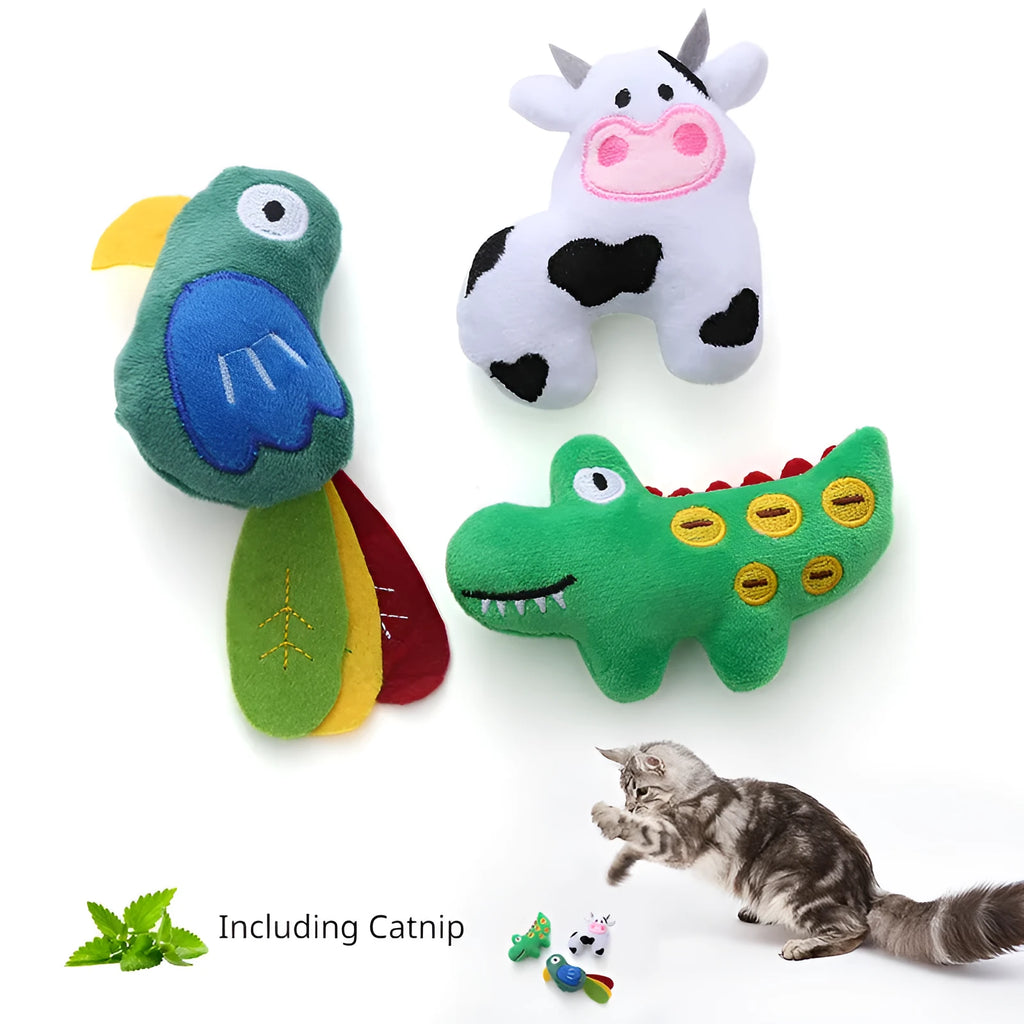 Cow shaped plush cat toy on a string handle with dangling feather, catnip inside.