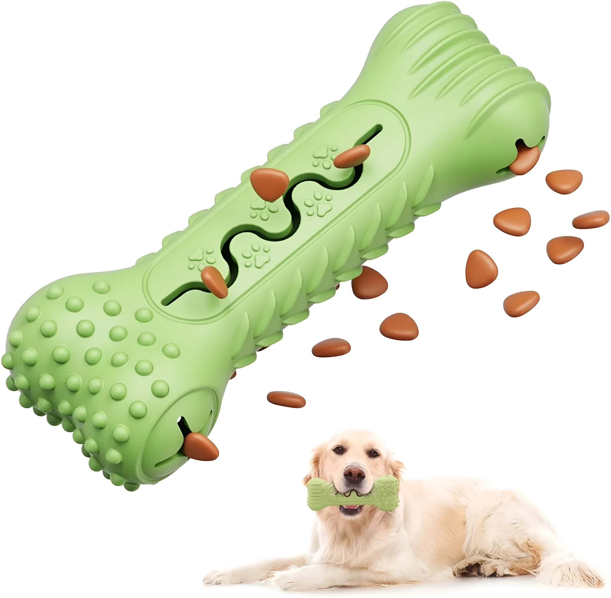 Natural rubber bone-shaped dog chew toy for aggressive chewers in blue, green and orange colours
