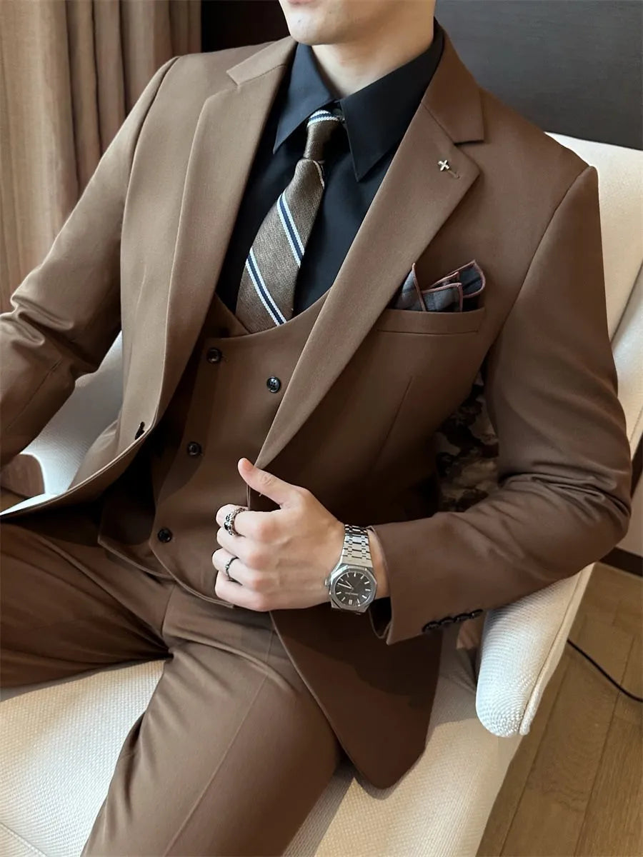Men's slim fit business jacket in dark green, brown, or camel colour with adhesive interlining construction.