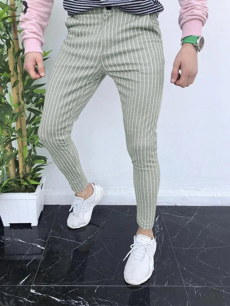 Men's slim-fit straight leg trousers with 3D printed plaid pattern in striped colour for autumn winter casual wear