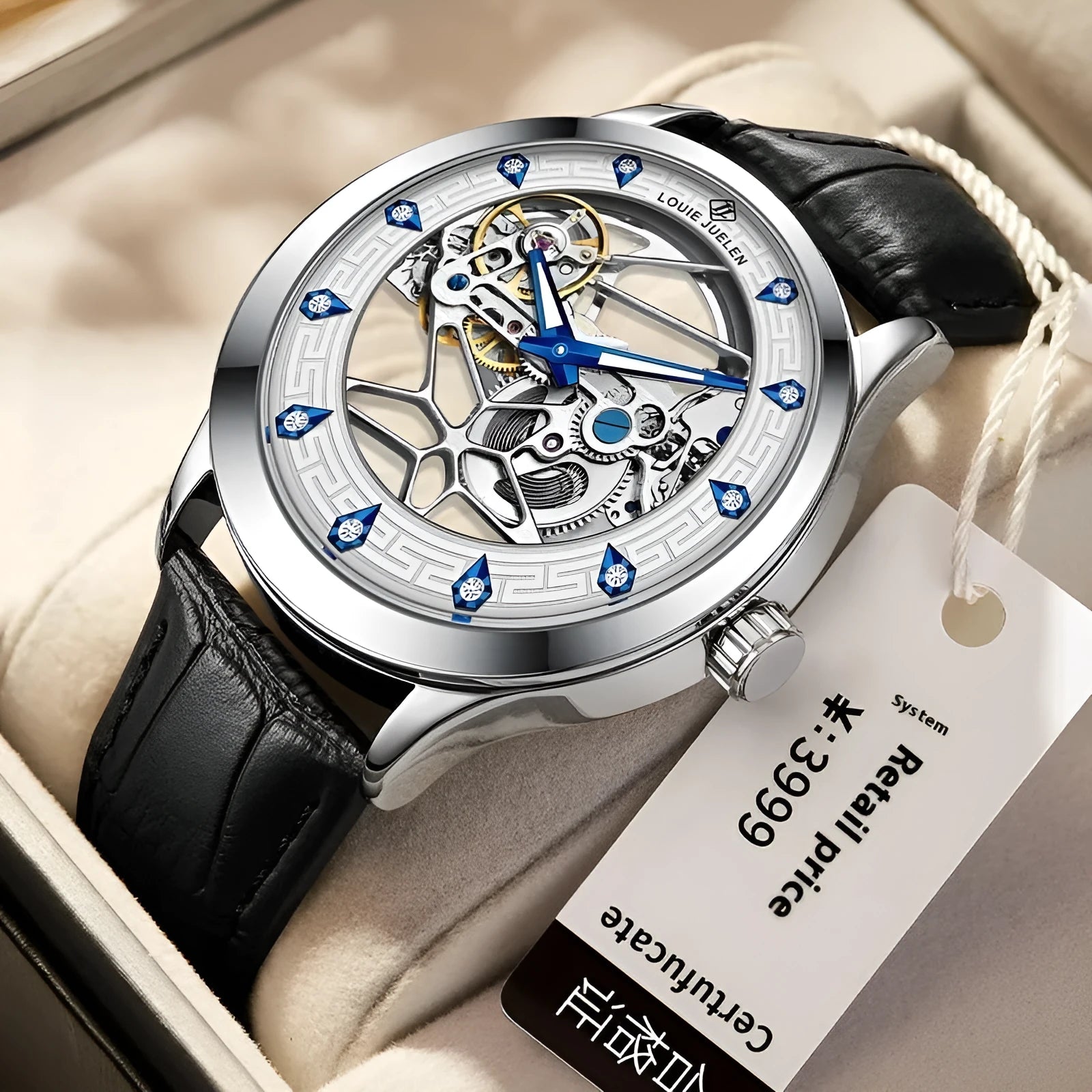 Men's silver case mechanical watch with white dial, blue luminous hands, and black genuine leather strap