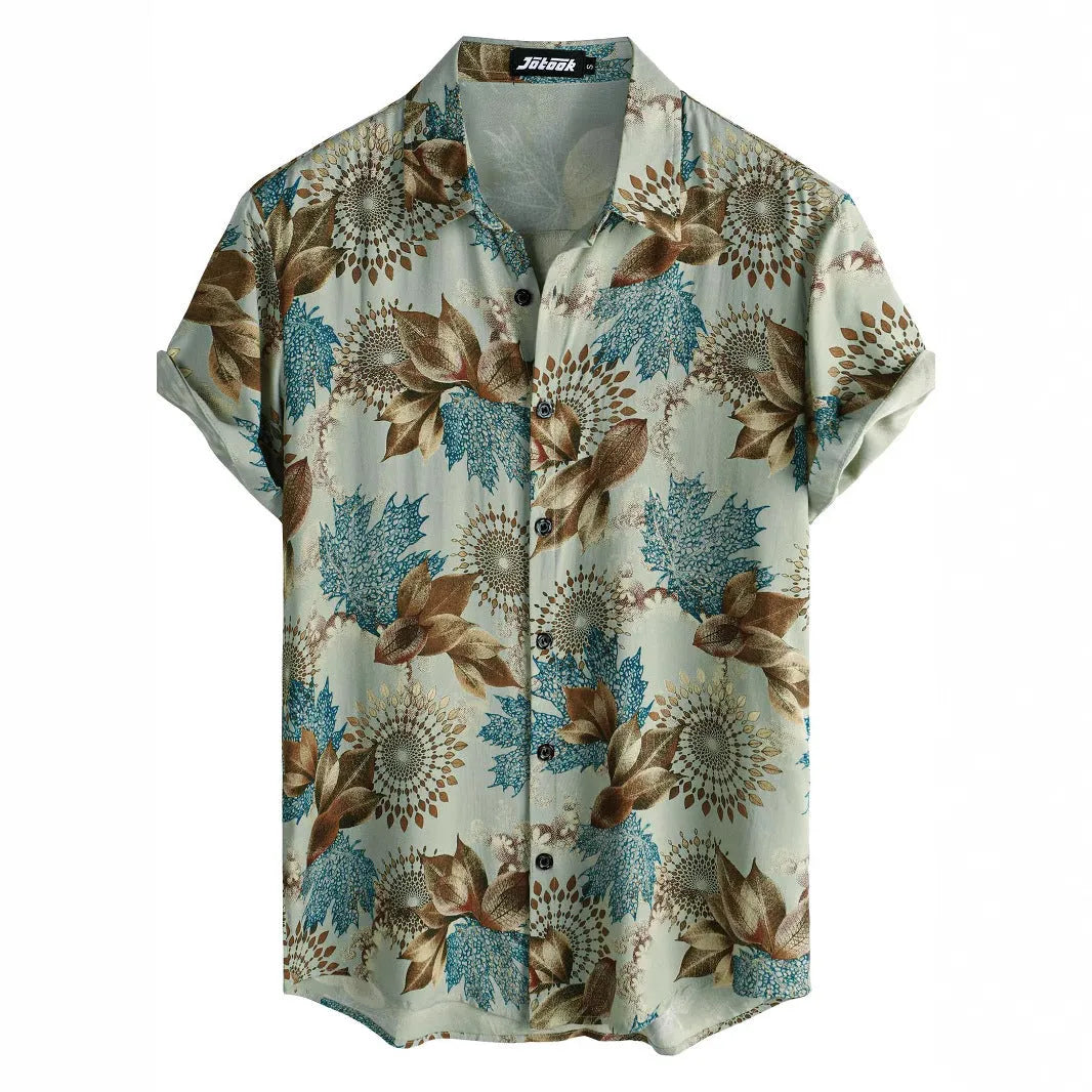 Hawaiian floral print short sleeve shirt with lapel collar in elastic polyester fabric