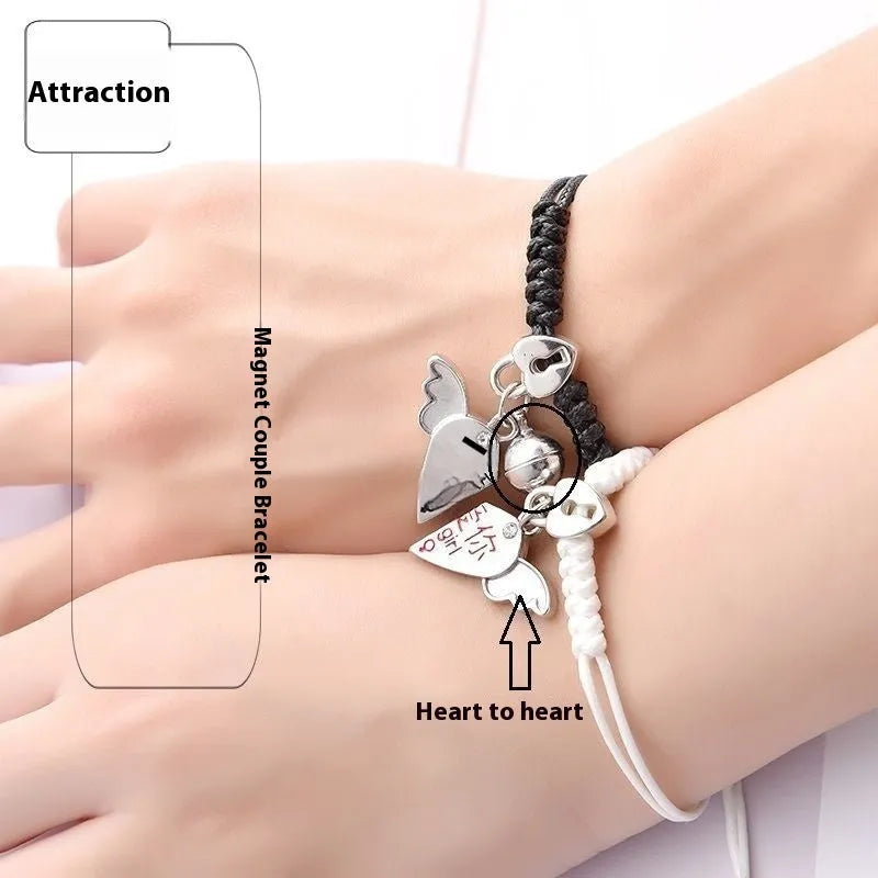 Magnet couple bracelets with magnetic clasp in various styles including love lock and clover designs