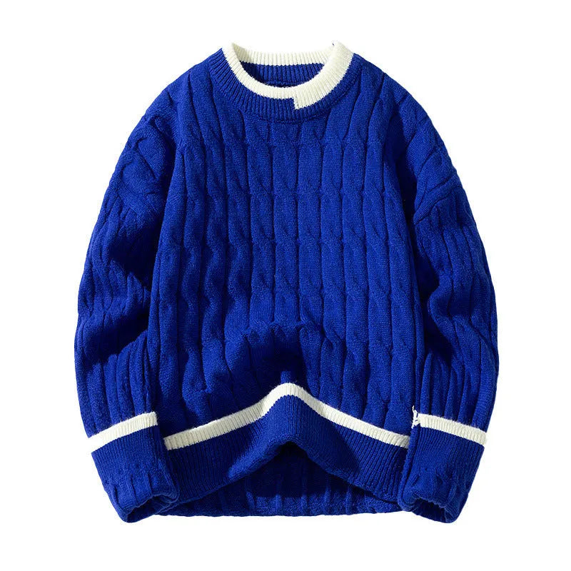 Men's loose grey and blue sports pullover sweater set on a hanger