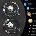 Two natural stone beaded bracelets with zodiac charms on elastic cord.