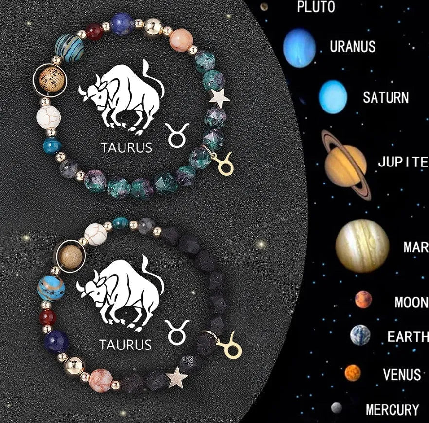 Two natural stone beaded bracelets with zodiac charms on elastic cord.