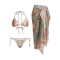 Women's creamy-white floral pattern bikini swimsuit set with top, briefs, and skirt