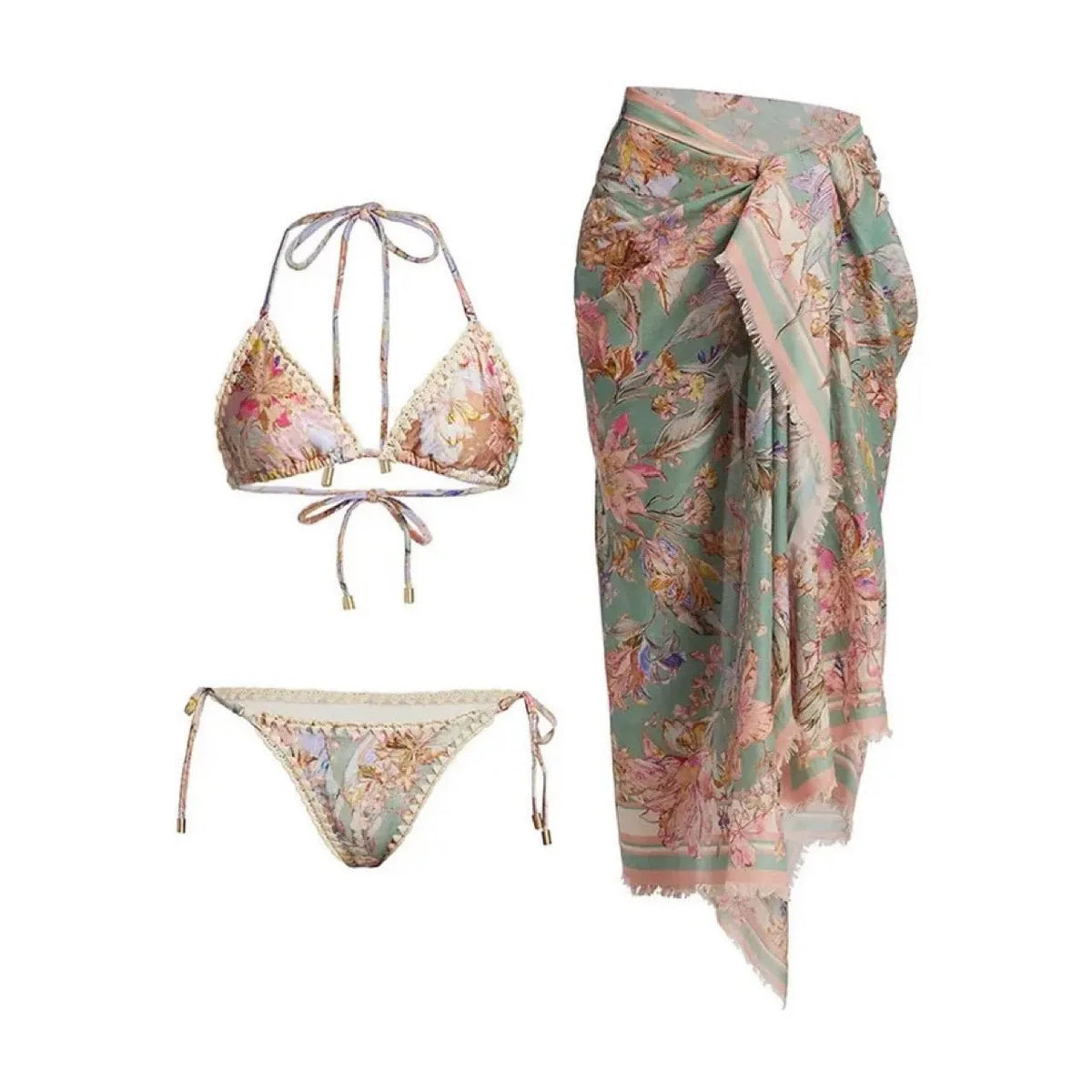 Women's creamy-white floral pattern bikini swimsuit set with top, briefs, and skirt