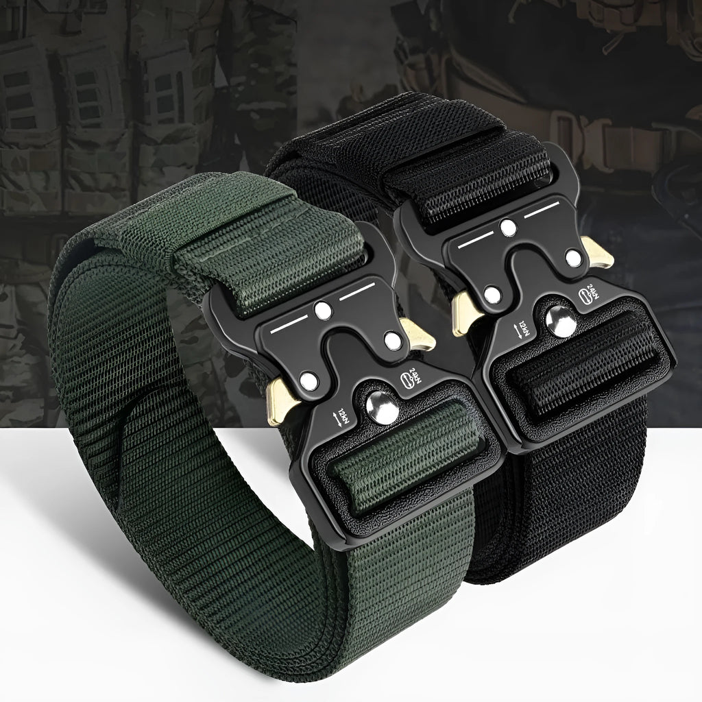 Men's thick woven canvas tactical belt with an alloy release buckle, shown in one of five colour options
