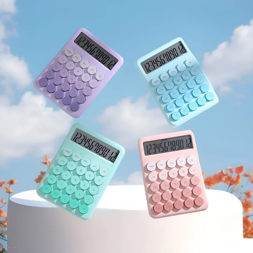 Desk calculator with gradient colour design in pastel violet, pink, blue, and green shades