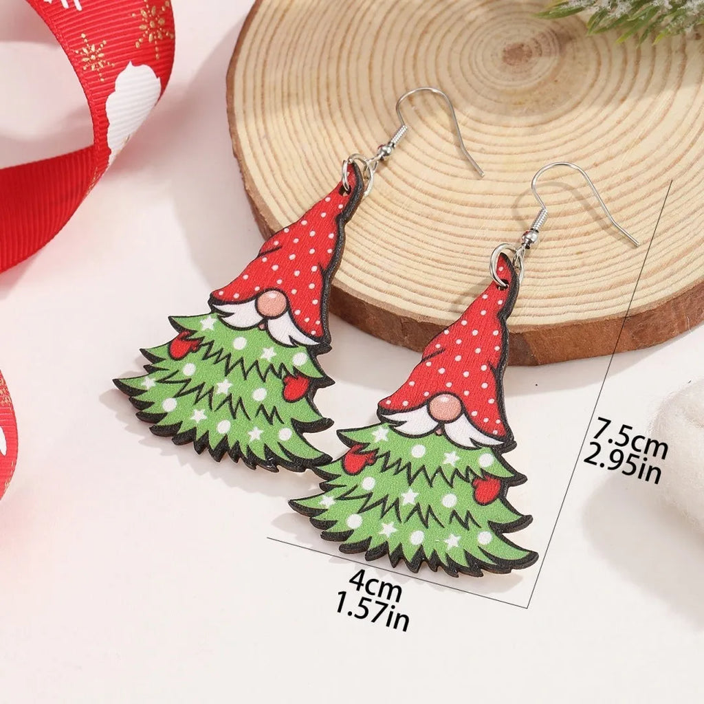 Wooden geometric earrings with printed Christmas tree and snowman designs