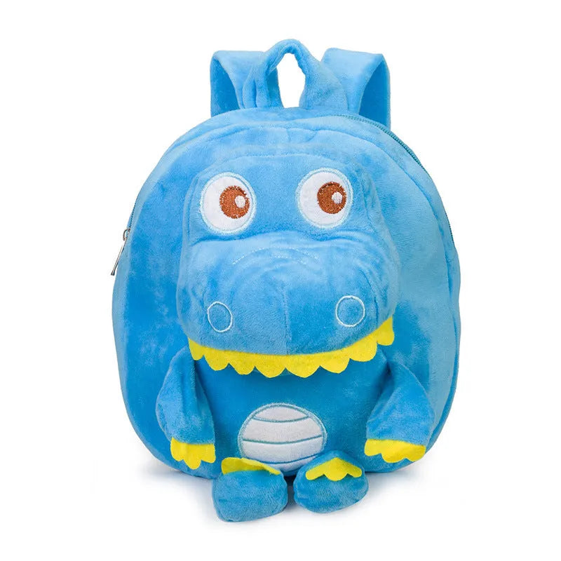 Dinosaur plush backpack with soft handle and embroidery details in children's backpack style