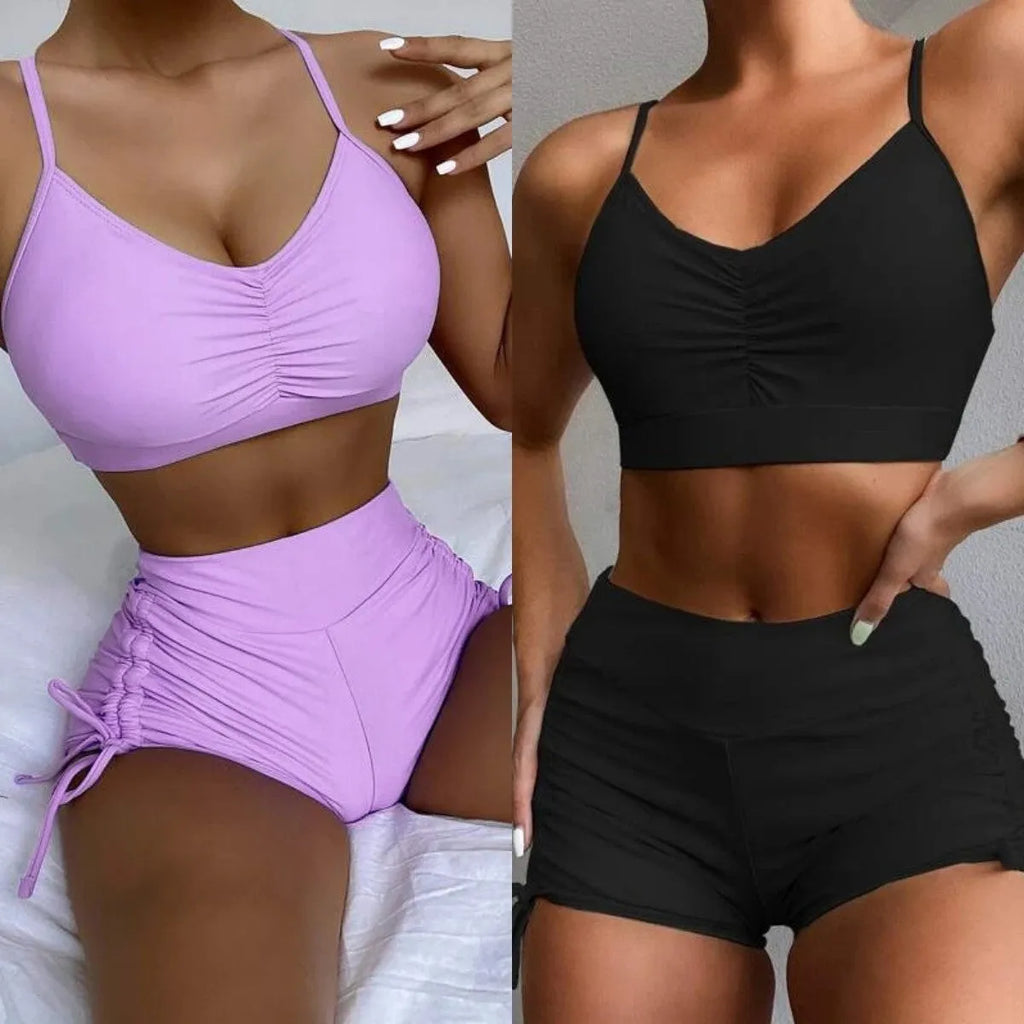 Women's high waist split swimsuit bikini set in violet or black nylon spandex