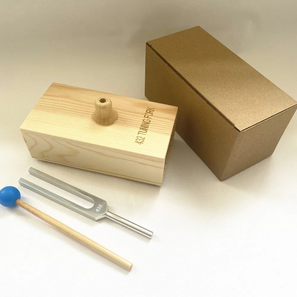Aluminium alloy 432Hz tuning fork with speaker attachment in protective packaging