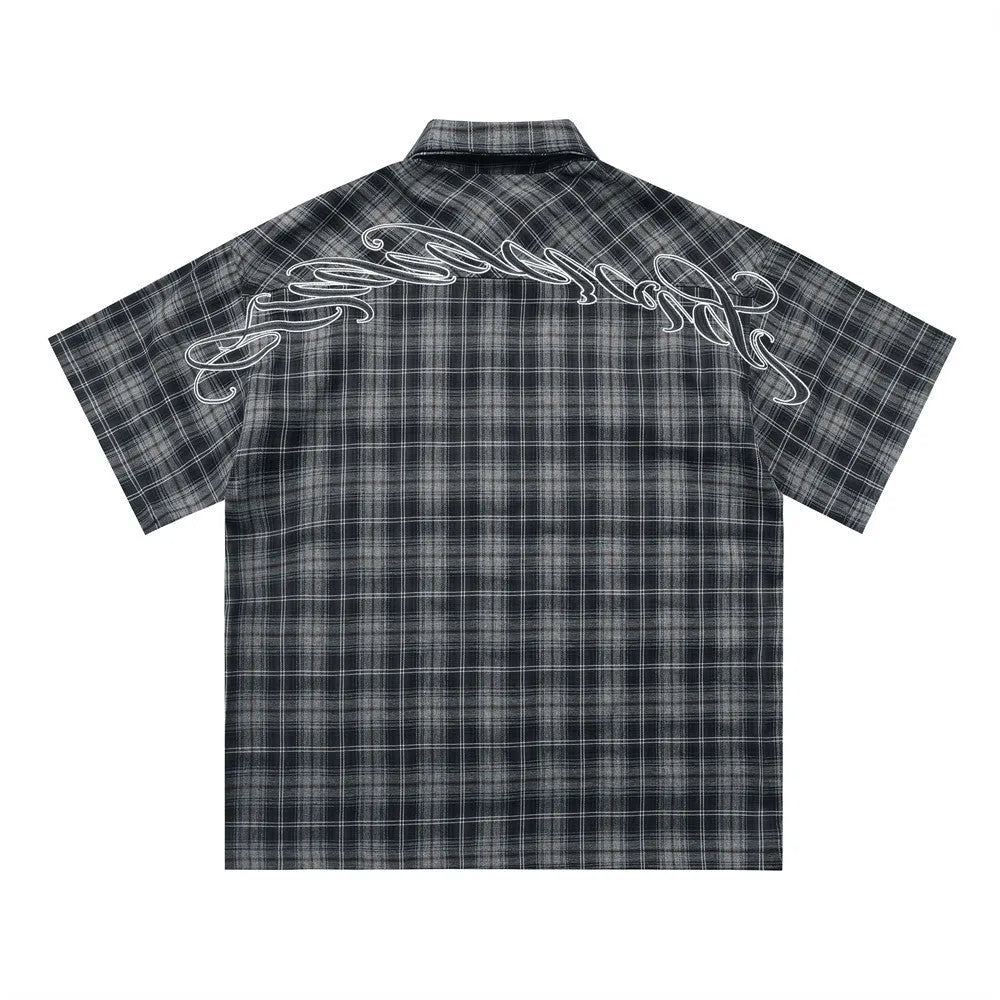 Men's black plaid short sleeve shirt with white letter embroidery and lapel collar