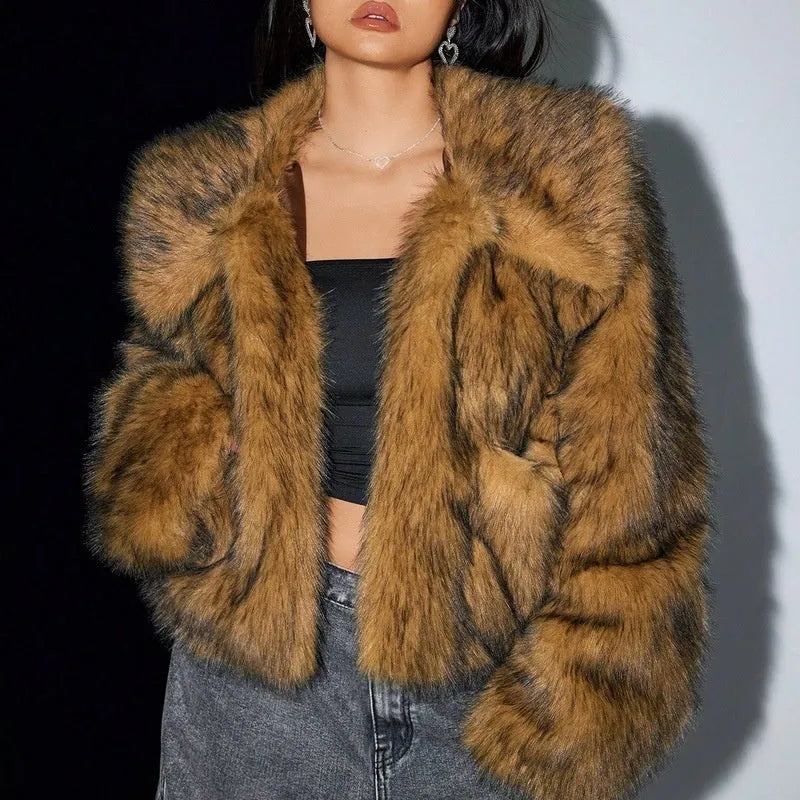 Women's artificial fur coat with fur collar in various colour options including black tip patterns