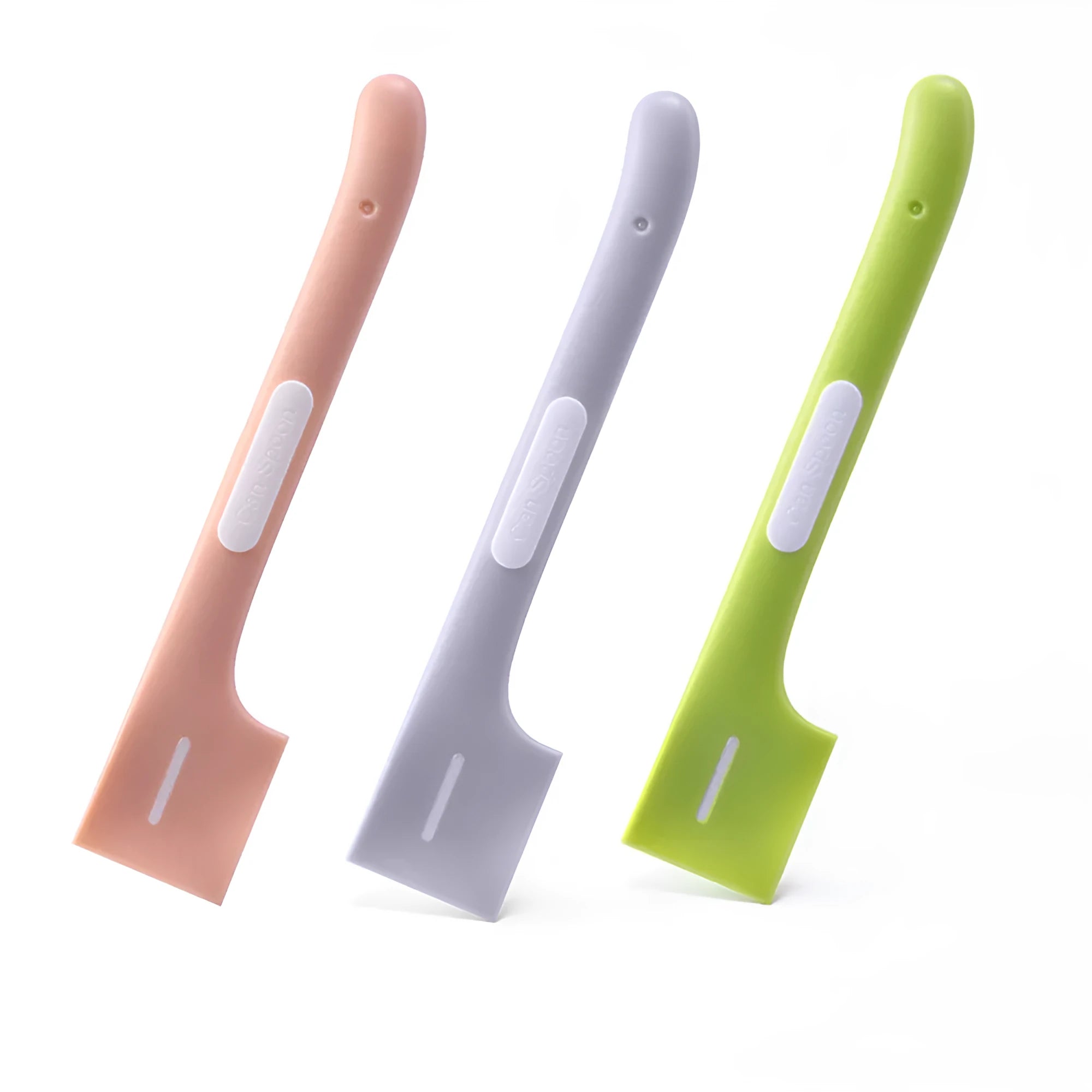 Long-handled TPR pet food spoon in green colour with right-angle scraper design for canned food