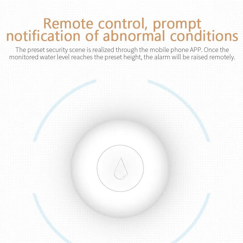 Compact white Zigbee wireless water leak sensor with CR2032 battery on a wooden surface