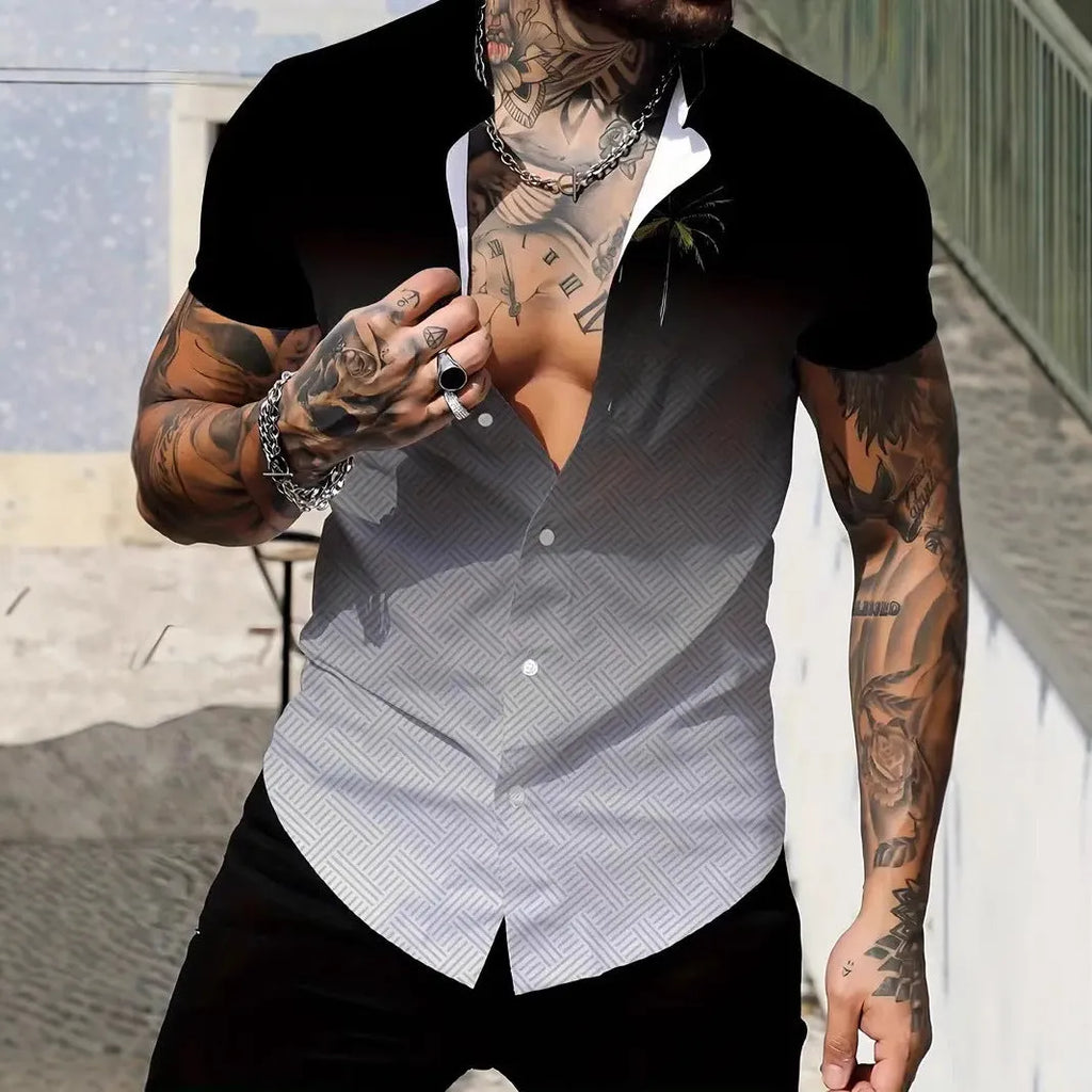 Men's slim fit geometric print short sleeve shirt with a lapel collar on a hanger.
