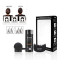 Dense Hair Fibre Powder three-piece set showing powder bottle, applicator brush and travel case.