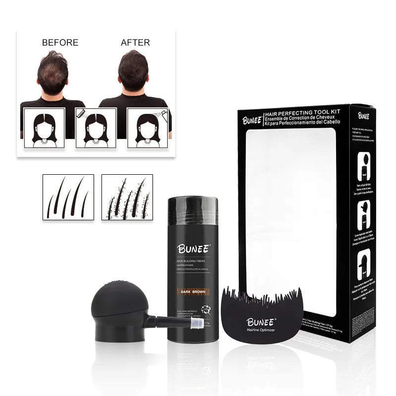 Dense Hair Fibre Powder three-piece set showing powder bottle, applicator brush and travel case.