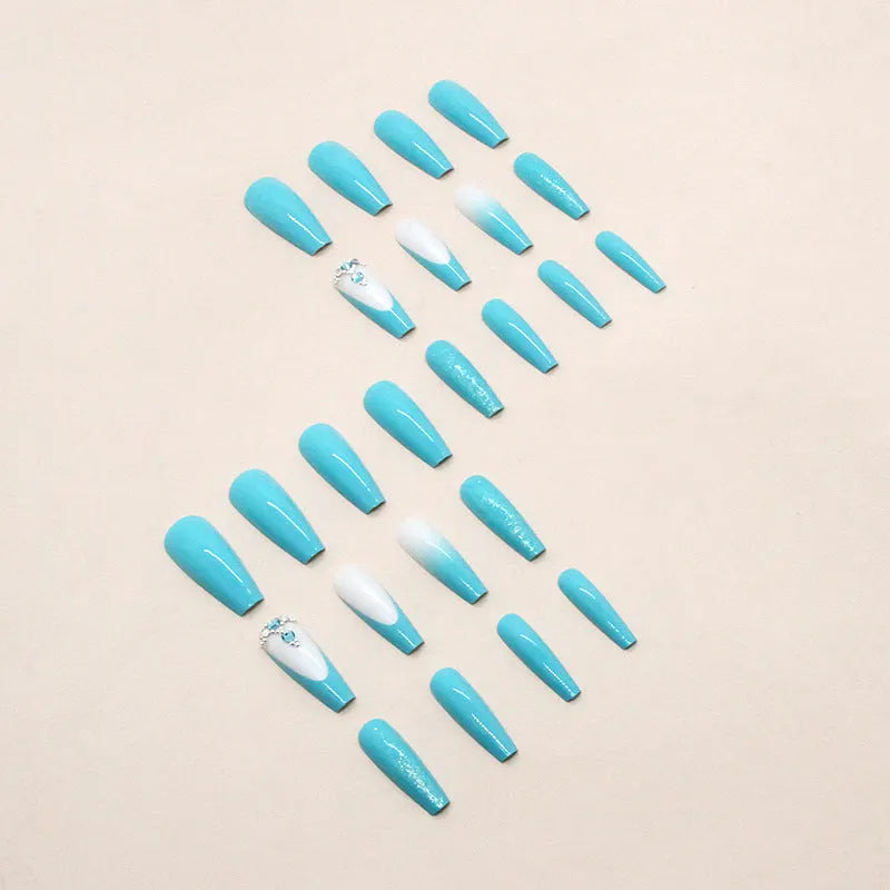 Smart blue diamond false nails with ballet shape and adhesive glue