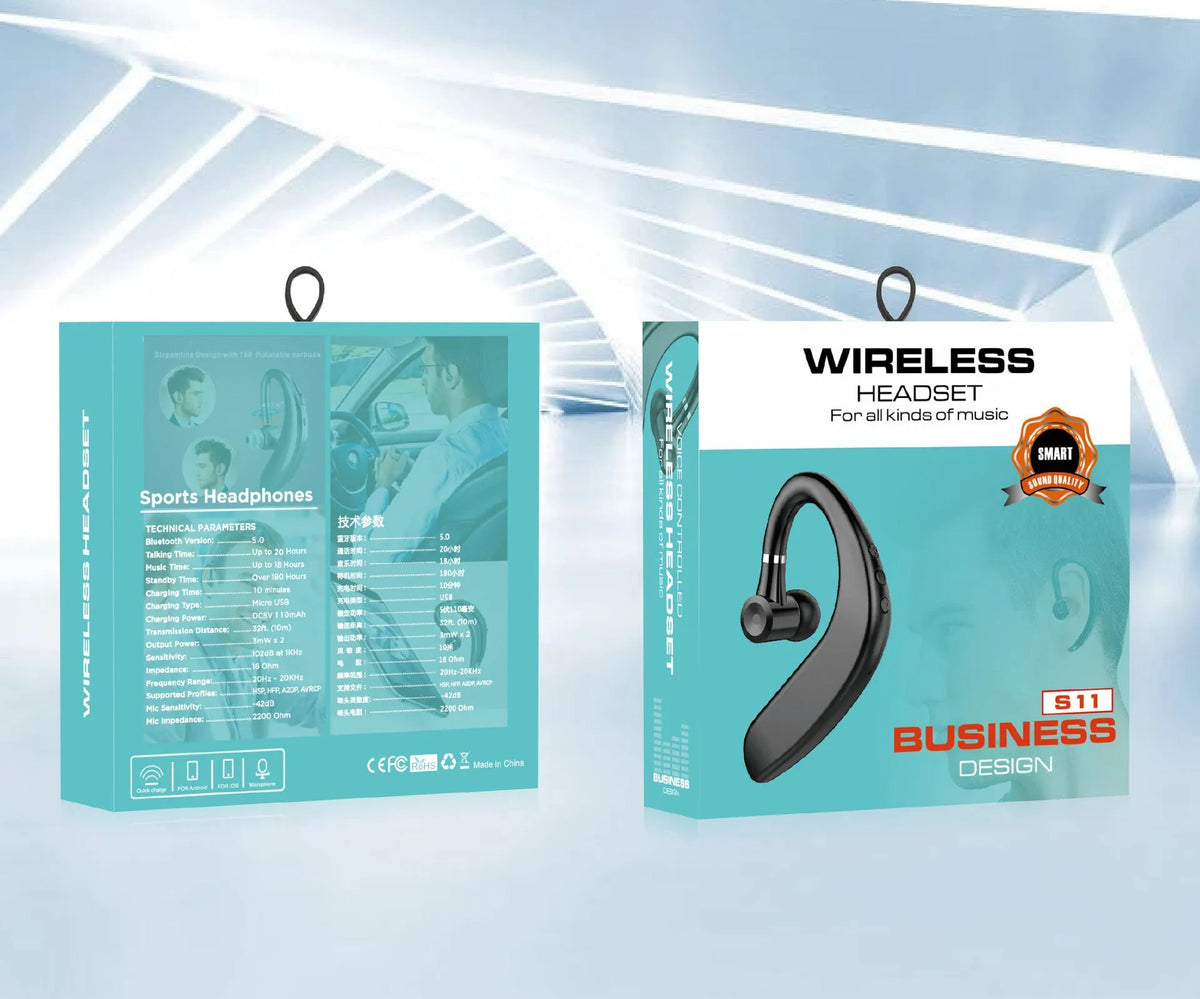 Single ear wireless Bluetooth headset in black or blue colour with 180-degree rotation design