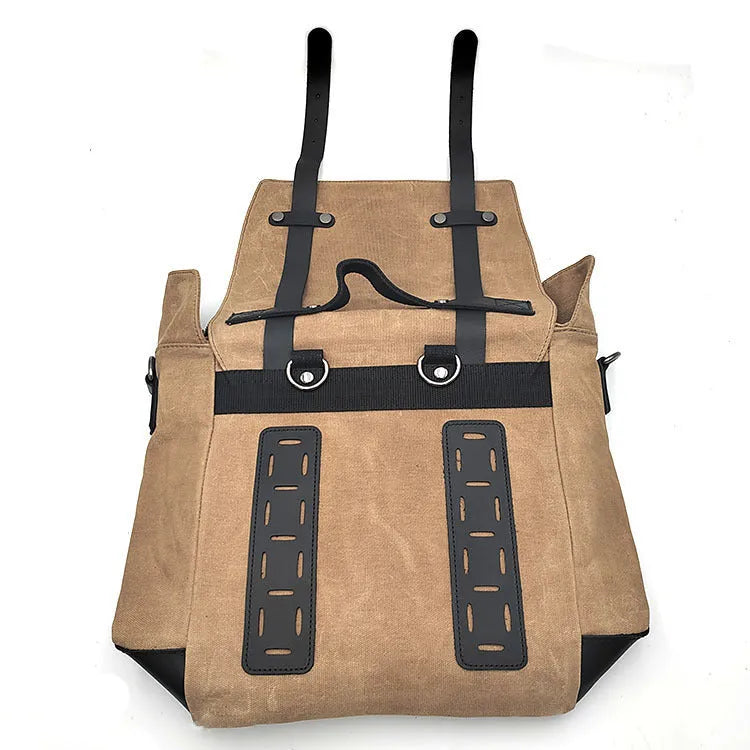 Black waterproof canvas motorcycle side bag with cowhide accents showing 300×280×150mm dimensions
